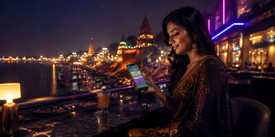 Varanasi ghats illuminated with neon lights symbolizing online sports betting